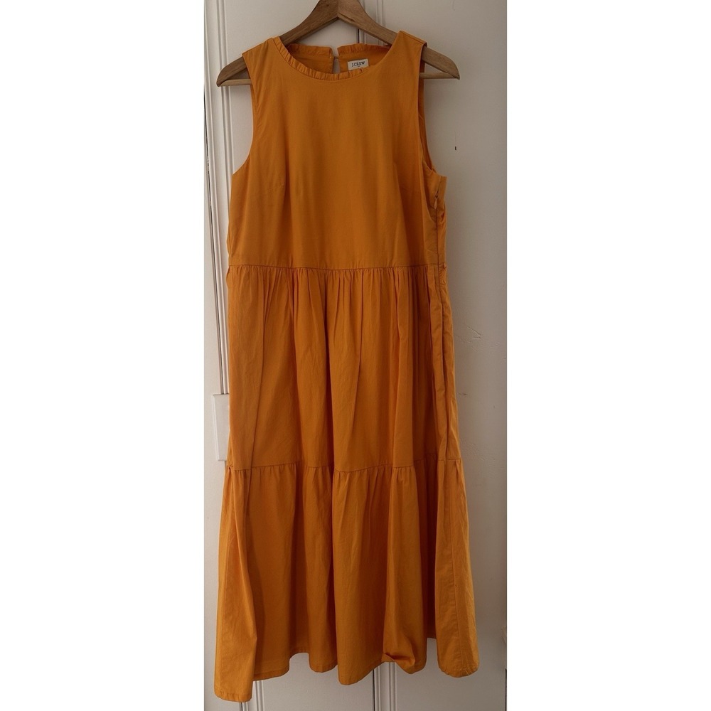 J. Crew Orange Tiered Poplin Midi Dress Ruffle Neck Sleeveless Cotton Blend SZ 6